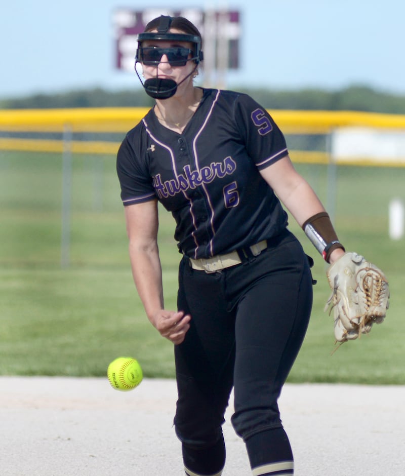 Serena starting Pitcher Maddie Glade lets go with a pitch against Gardner-South Wilmington Friday at Serena.