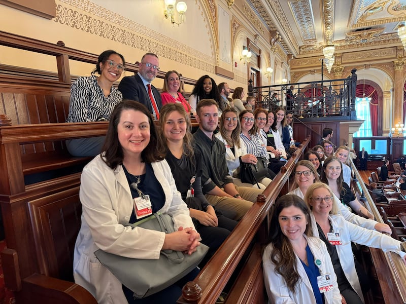 Nurses from OSF HealthCare gather at the Illinois State Capitol in Springfield during the inaugural Nurses Day at the Capitol, where they met with lawmakers to discuss legislation impacting patient care.