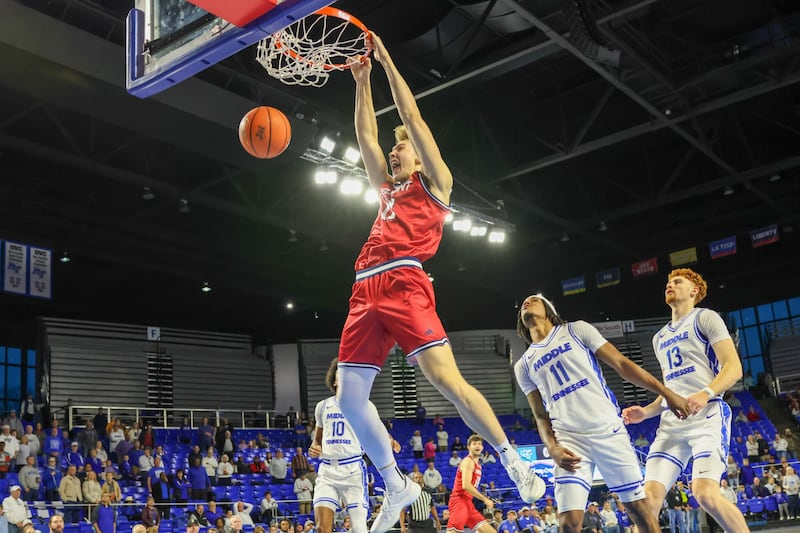 Central High School graduate Drew Scharnowski, a sophomore forward at Belmont University, scores on a dunk in an 83-62 victory over Middle Tennessee on Dec. 7 in Murfreesboro, Tenn.
