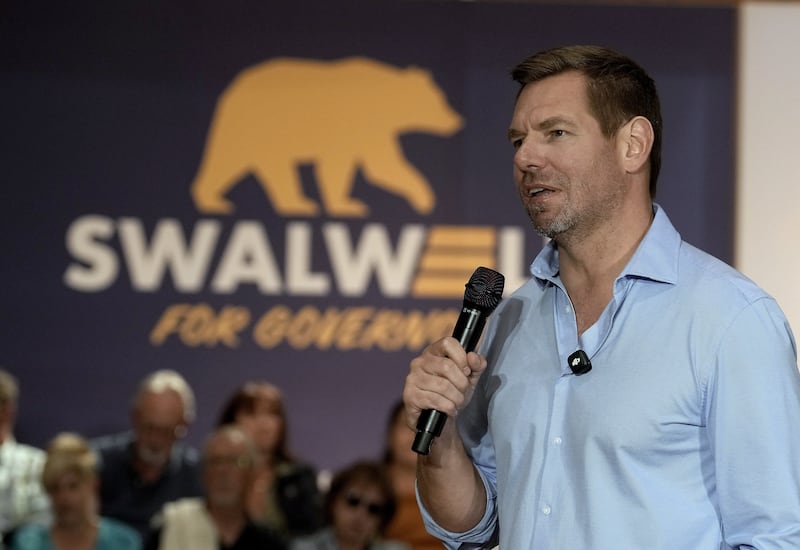 California gubernatorial candidate, Rep. Eric Swalwell, D-Calif., appears at a town hall meeting in Sacramento, Calif., Tuesday, April 7, 2026. (AP Photo/Rich Pedroncelli)