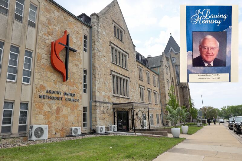 People arrive to the memorial service for former Illinois Governor George Ryan, of Kankakee, at Asbury United Methodist Church in Kankakee on Thursday, May 8, 2025.