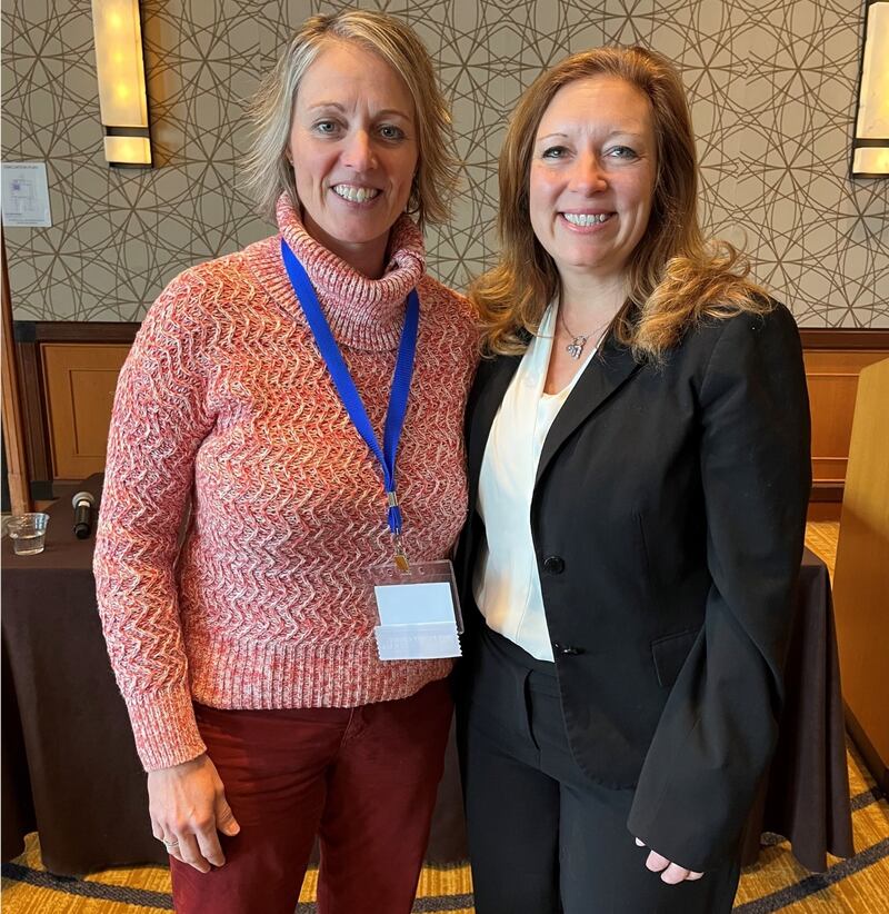 Kane County State's Attorney Jamie Mosser (right) was elected to lead the Illinois State’s Attorneys Association at its winter conference in Oak Brook Dec. 5, 2025. She follows outgoing president Jodi Hoos (left) of Peoria County.