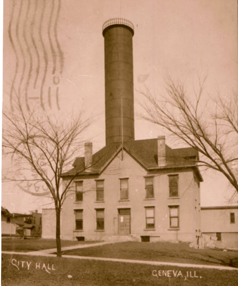 The 1844 Kane County courthouse, which later became the site for Geneva's City Hall, at the corner of First and James streets. Recently discovered documents for the cornerstone – dated Dec. 7, 1912 – state that Abraham Lincoln and Stephen Douglas spoke from its steps.
