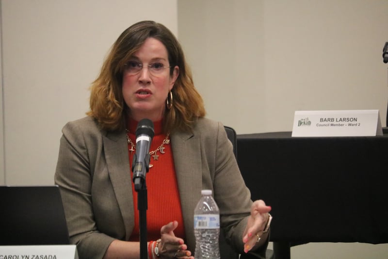 DeKalb 1st Ward Alderwoman Carolyn Zasada speaks in opposition to Donato Solar's plans during a Sept. 8, 2025, meeting of the DeKalb City Council.