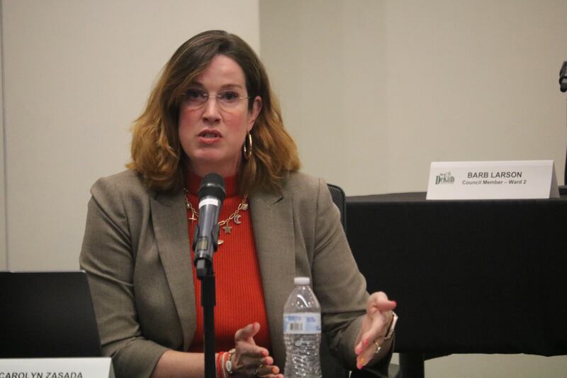 DeKalb 1st Ward Alderwoman Carolyn Zasada speaks in opposition to Donato Solar's plans during a Sept. 8, 2025, meeting of the DeKalb City Council.