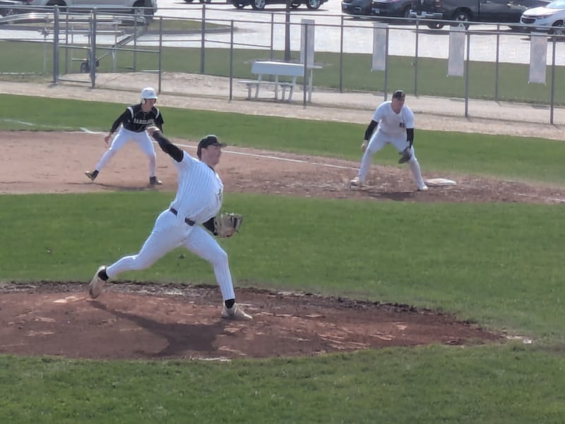 DeKalb pitcher Will Smrz delivers a pitch during the Barbs' 2-1 win over Kaneland on Saturday, April 11, 2026.