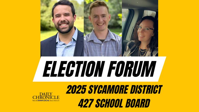Sycamore School District 427 board candidate forum. Pictured left to right: Michael DeVito, Cole Regnery, Heather Tomlinson