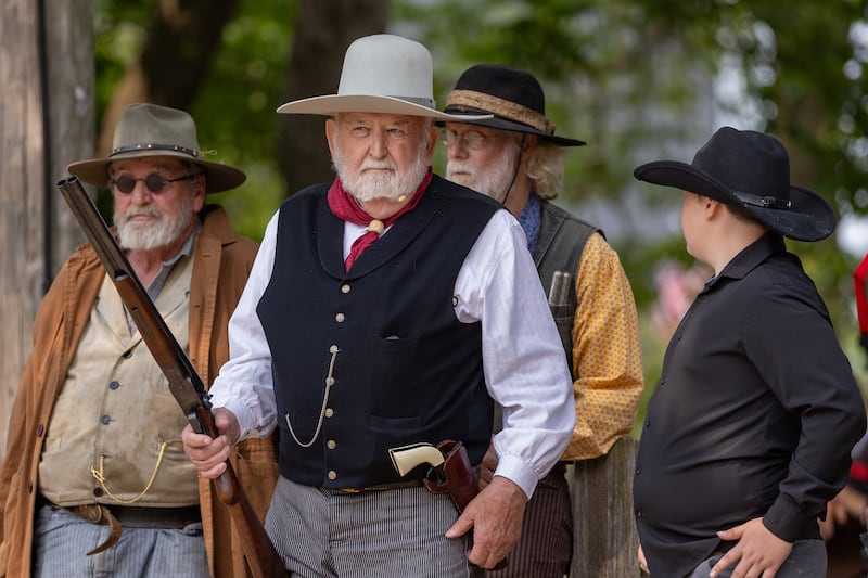 Actors from the Old West Regulators group participate in a reenactment of the life of Wild Bill Hickok behind the LaSalle County Historical Museum during Wild Bill Days on May 31, 2025 in Utica.