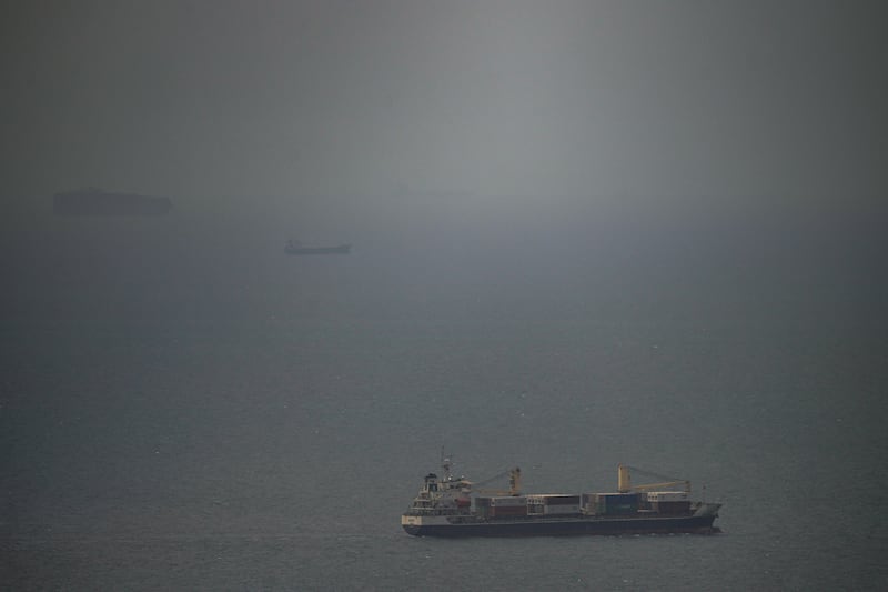 The Jordan flagged cargo ship "Baghdad" sails in Persian Gulf towards Strait of Hormuz in United Arab Emirates, Wednesday, April 22, 2026. (AP Photo)