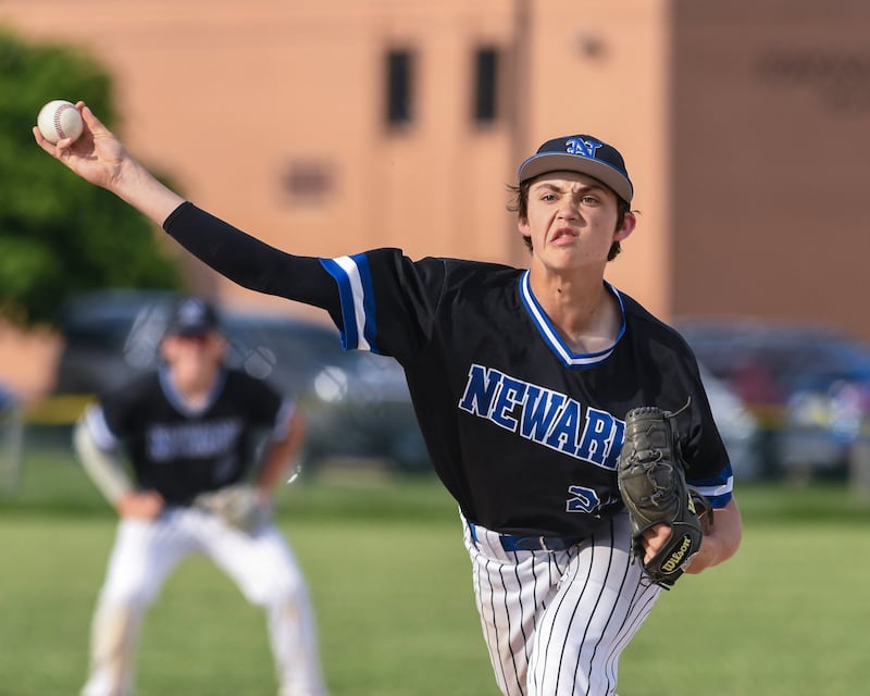 Newark's Eastin McBroom (24) pitches during the game on Tuesday May 13, 2025, while traveling to take on Somonauk High School.