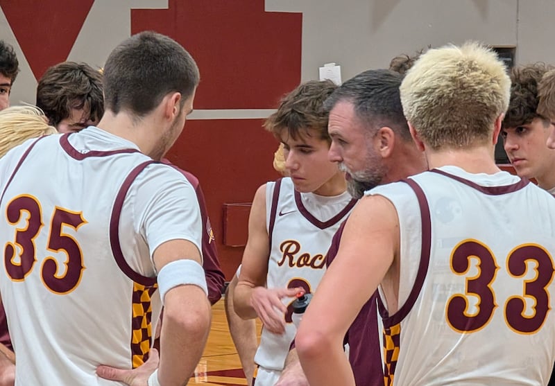 Richmond-Burton boys basketball coach Rich Petska talks to his team during a timeout against Marian Central in the E.C. Nichols Holiday Classic on Saturday, Dec. 20, 2025, at Marengo.