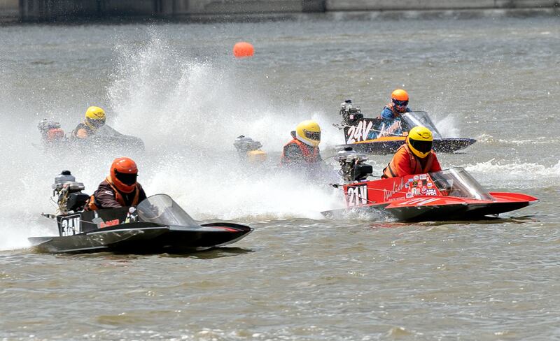 Racers bolt for the starting line Saturday, July 12, 2025, in a heat at the Rock Falls River Chase. Pilots operated their lightweight high powered boats around a course in the Rock River for two days of wet and wild fun.