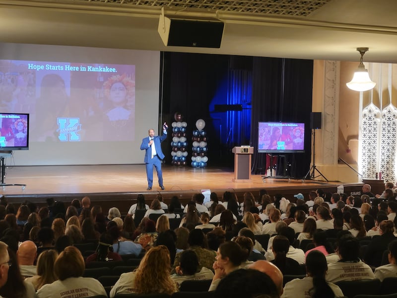 James Henderson addresses Kankakee School District 111 employees during a staff convocation at Lincoln Cultural Center in August 2025. The Kankakee School Board voted Monday to hire Henderson as assistant superintendent of people services in a permanent capacity He had been the interim since October 2024.