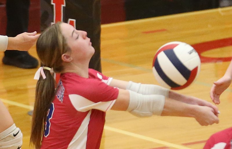 Princeton's Bella Clevenger returns a serve from Hall on Thursday, Oct. 9, 2025 at Hall High School.