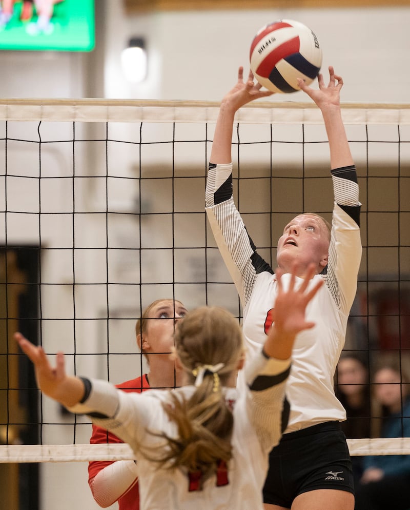 Erie-Prophetstown’s Kaylee Keegan sets the ball against Oregon Tuesday, Oct. 28, 2025, in the Class 2A regional semifinal at Rock Falls.