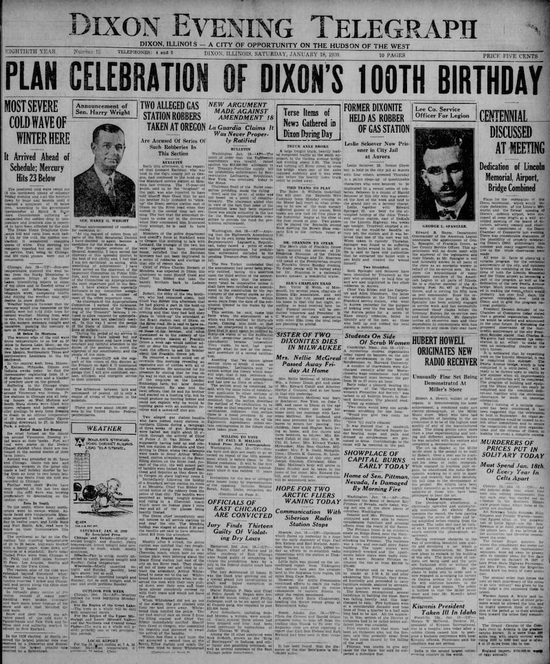 The cover of the Dixon Evening Telegraph for Jan. 18, 1930
