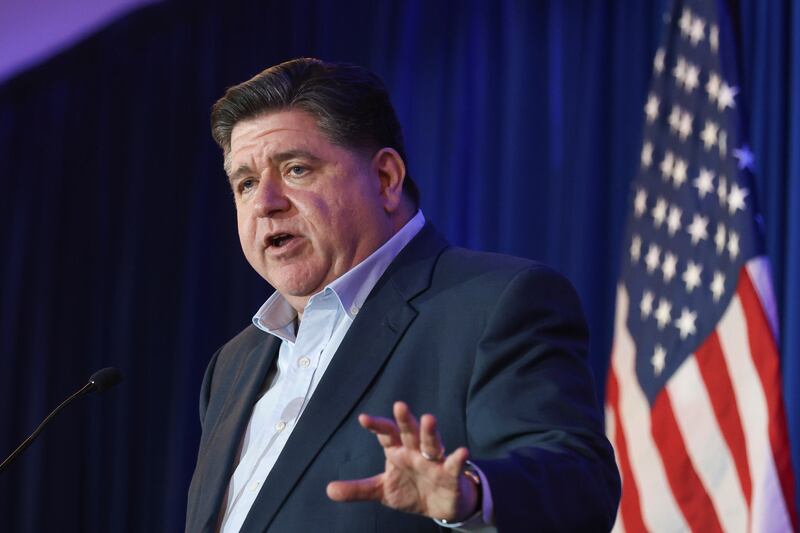 Illinois Gov. JB Pritzker speaks during the McIntyre-Shaheen 100 Club Dinner, Sunday April 27, 2025, in Manchester, N.H. (AP Photo/Reba Saldanha)