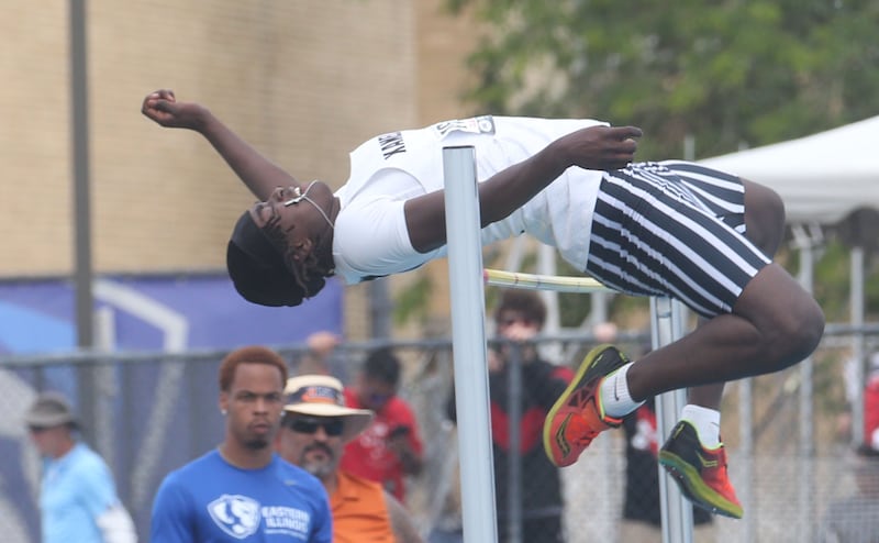 Kaneland's Frederick Hassan competes in the high jump during the IHSA Class 3A Boys Track & Field State Finals on Saturday, May 31, 2025 at Eastern Illinois University in Charleston.