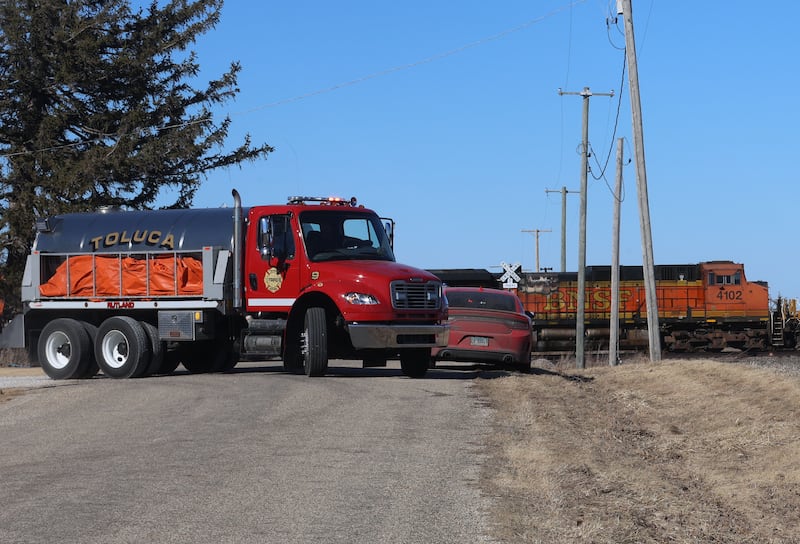 Toluca-Rutland brush truck departs the scene of a BNSF locomotive that was leaking fuel near the intersection of 2900 East Street and 500 North Avenue on Wednesday, Feb. 18, 2026 near Toluca. A Mutual Aid Box Alarm System (MABAS) call was sent out shortly after 1p.m but canceled.