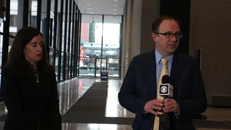 Attorneys Michelle Garcia of the ACLU of Illinois and Mark Fleming of the National Immigrant Justice Center answer reporter questions on Feb. 27, 2026, at the Dirksen Federal Courthouse in Chicago.