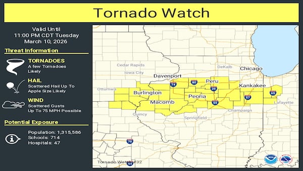 Tornado watch issued for Illinois counties along and south of Interstate 80