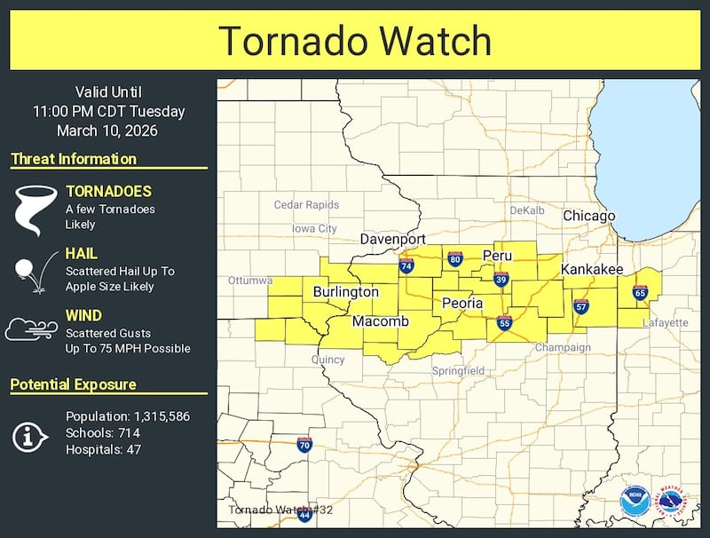 A tornado watch has been issued for parts of northern and central Illinois for March 10, 2026