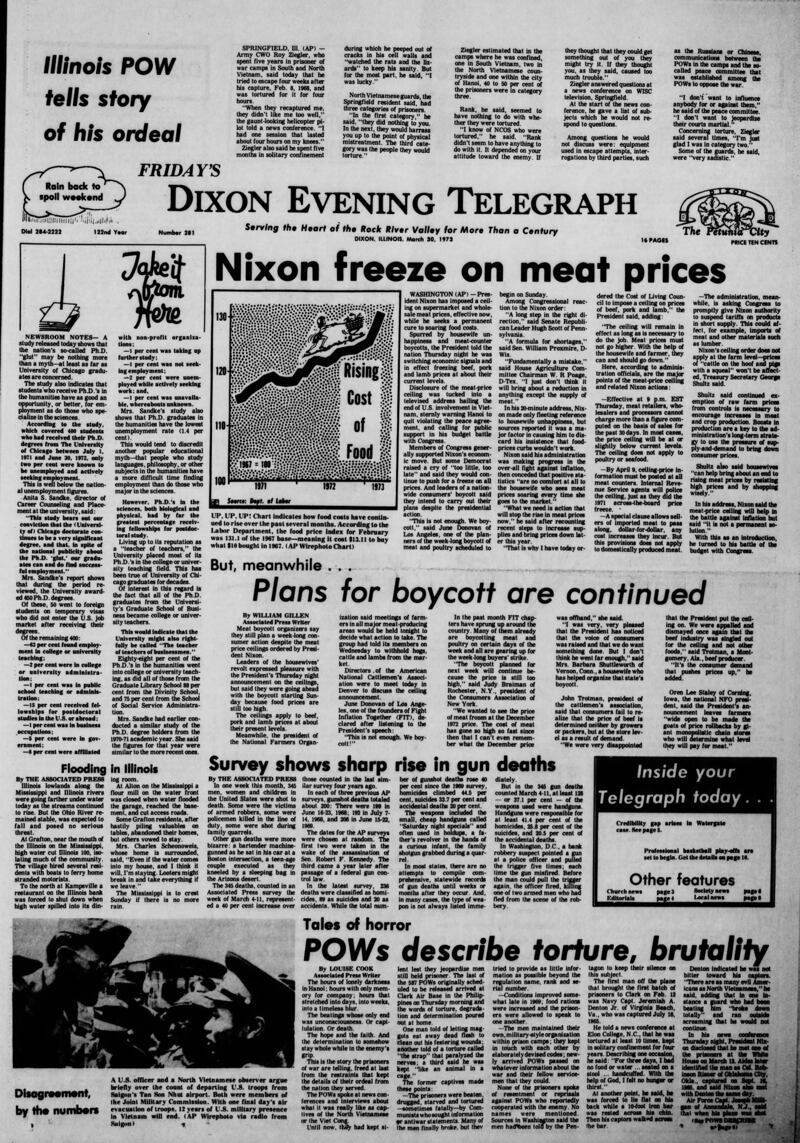 The cover of the Dixon Evening Telegraph for March 30, 1973
