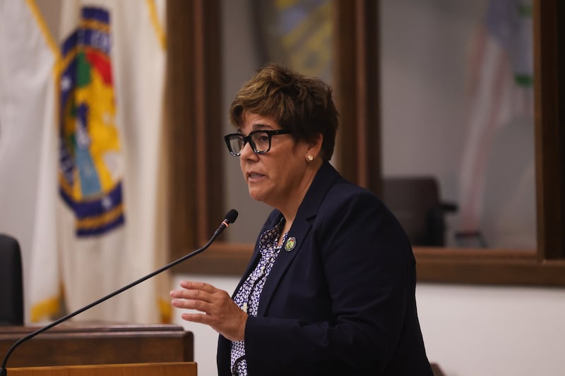 Will County Executive Jennifer Bertino-Tarrant gives the annual State of the County address at Will County’s August board meeting on Thursday, August 15, 2024 in Joliet.