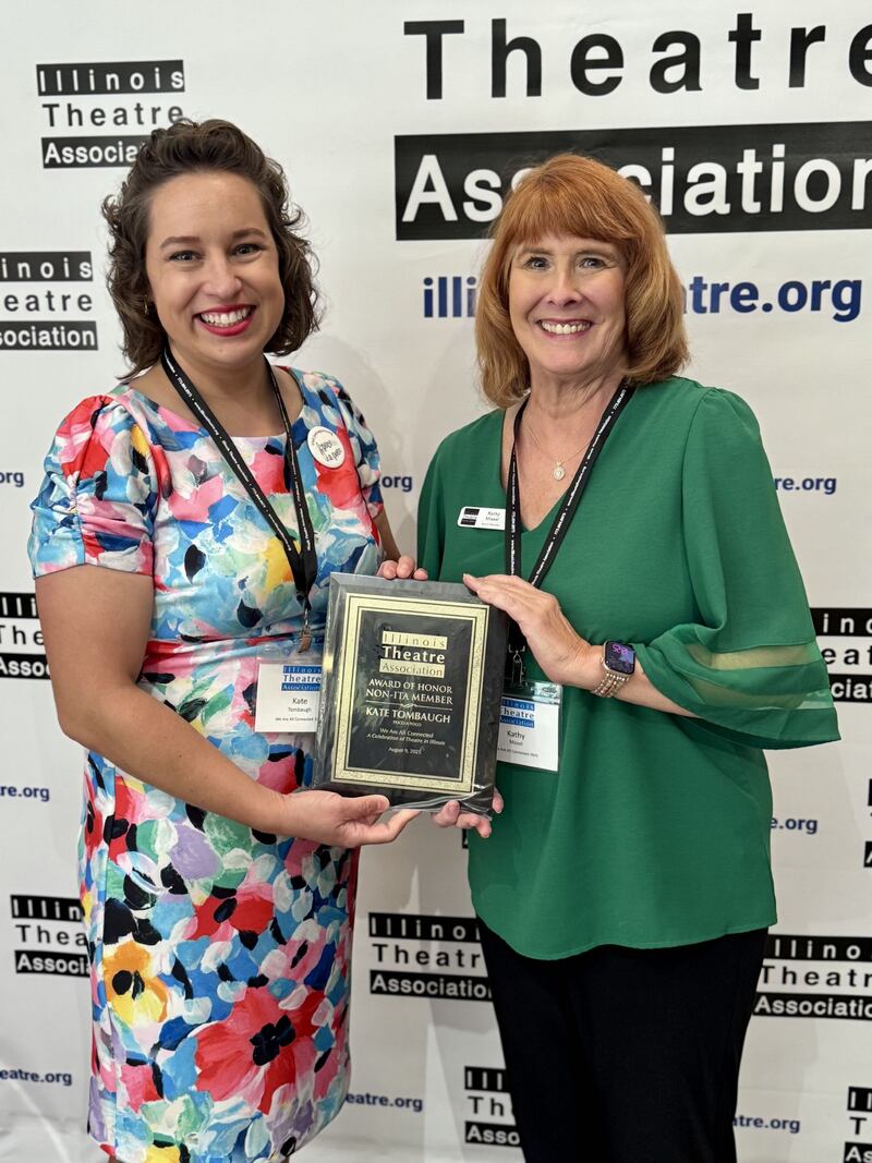Kate Tombaugh (left) accepts the Illinois Theatre Association’s 2025 Award of Excellence from longtime ITA member and Engle Lane Theatre Board President Kathy Missel during the association’s annual Awards of Excellence Celebration on Aug. 9 in Willow Springs.