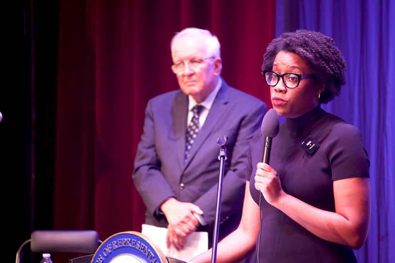 Former Illinois Sen. Pat McGuire (left) stands with U.S. Rep. Lauren Underwood, D-Naperville, at her town hall on Tuesday, Aug. 5, 2025, at the Billie Limacher Bicentennial Park in Joliet.