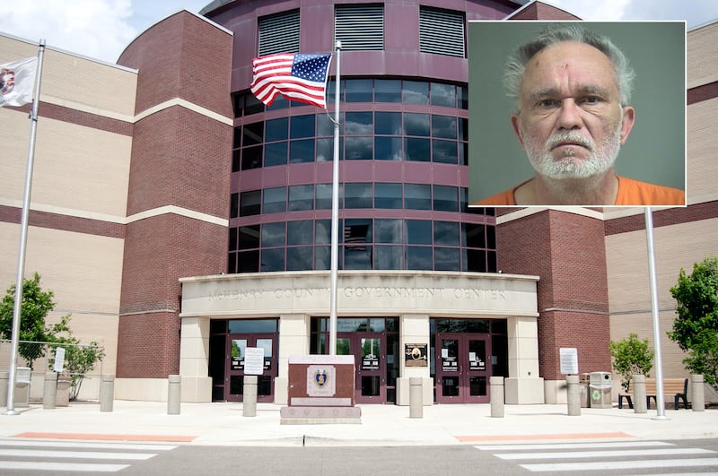 Inset of Mark Alex in front of the Northwest Herald file photo of the McHenry County courthouse.
