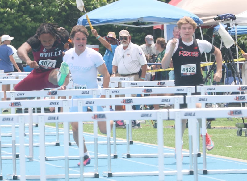 Bradley Burbonnais Jalyn Cole and Yorkville's Aiden Kolkmeyer compete in the 110 meter hurdles during the IHSA State Track and Field championship on Saturday, May 30, 2026 in Charleston.