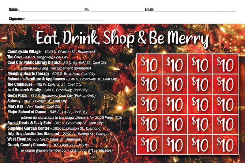 The Eat, Drink, Shop and Be Merry passport that can be used at these Coal City, Diamond and Braidwood businesses.
