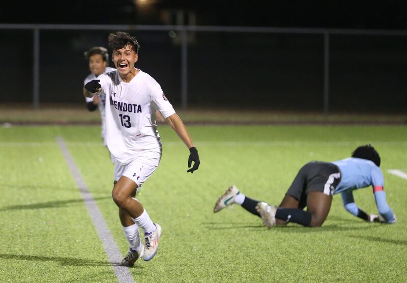 Mendota's Sebastian Carlos reacts after scoring the teams first goal against Peoria Christian during the Class 1A Sectional game on Wednesday, Oct. 30, 2024 at Chillicothe High School.
