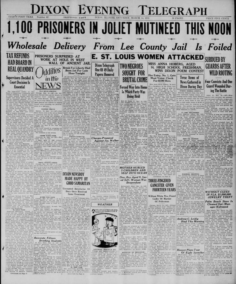 The cover of the Dixon Evening Telegraph for March 14, 1931
