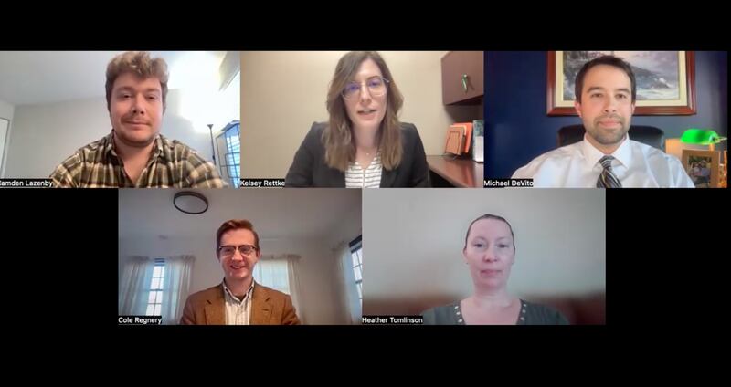 Candidates for Sycamore School District 427 school board speak with Daily Chronicle Editor Kelsey Rettke (top middle) and Sycamore reporter Camden Lazenby (top left) about top district issues during a virtual forum on Monday, March 24, 2025. Incumbent Michael DeVito (top right), was joined by aspiring board hopefuls Cole Regnery (bottom left) and Heather Tomlinson.