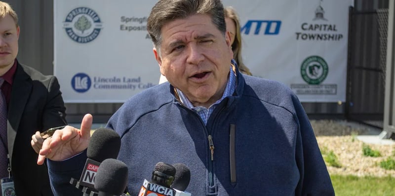 Gov. JB Pritzker speaks to reporters at an event in Springfield on Tuesday, April 28, 2026.