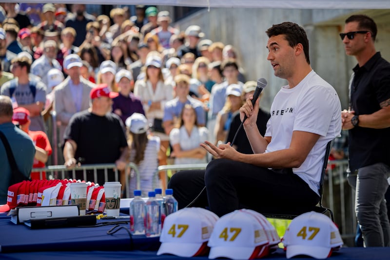 Charlie Kirk speaks before he is shot during Turning Point's visit to Utah Valley University in Orem, Utah, Wednesday, Sept. 10, 2025. (Tess Crowley/The Deseret News via AP)