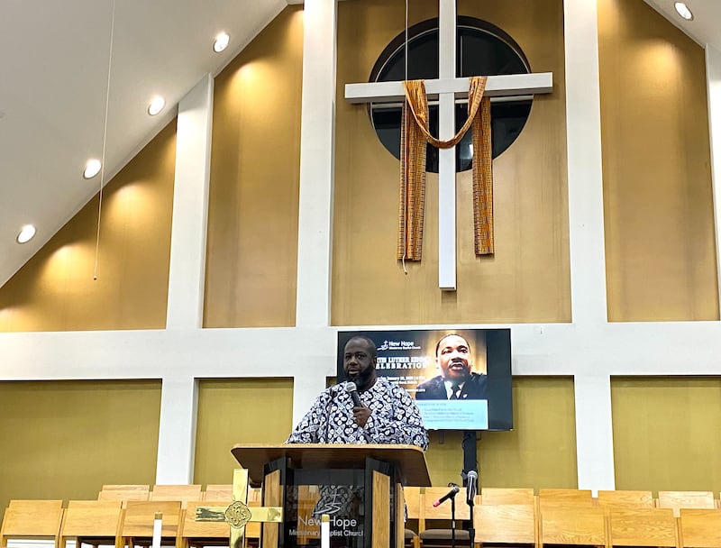 The Rev. Joe Mitchell, senior pastor at New Hope Missionary Baptist Church, 1201 Twombly Road, DeKalb, welcomes the crowd to start the annual Martin Luther King, Jr. Celebration event on Monday, Jan. 20, 2025. The event was hosted by MLK Day by multiple area churches.