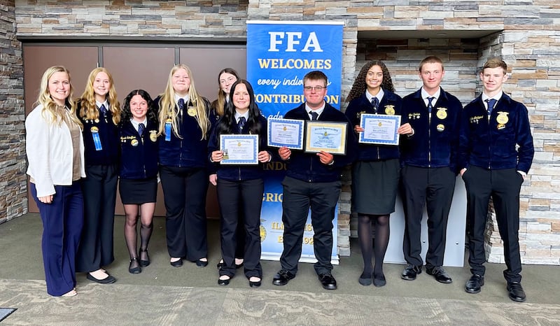 Forreston FFA students Kyla Lamm, Aspen McGlynn, Hunter Miller, and Justin Myers were conferred with State FFA Degrees by the Illinois Association. Pictured, left to right, are: Forreston FFA Advisor Kelley Parks, Cylee Kirchner, Neveah Scheffner, Emma Lenkaitis, Jenna Alexander, Aspen McGlynn, Justin Myer, Kyla Lamm, Levi Bocker, and Charlie Lindquist.