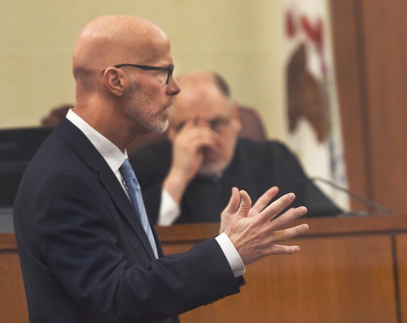Ogle County State's Attorney Mike Rock questions a witness on Tuesday, Jan. 13, 2026 at the murder-arson trial for Duane C. Meyer. The jury trial is being held at the Ogle County Judicial Center in Oregon.
