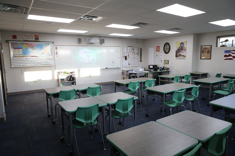 A view inside of a mobile classroom on Thursday, March 27, 2025 at Waltham School in Utica.
