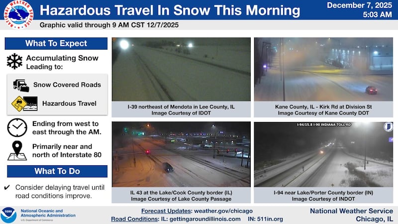 Hazardous travel in snow on Sunday morning