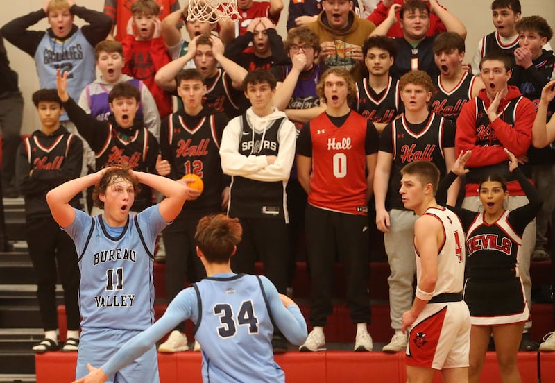 Bureau Valley's Blake Foster reacts after hitting a buzzer-beater full-court shot against Hall on Wednesday, Jan. 28, 2026 at Hall High School.