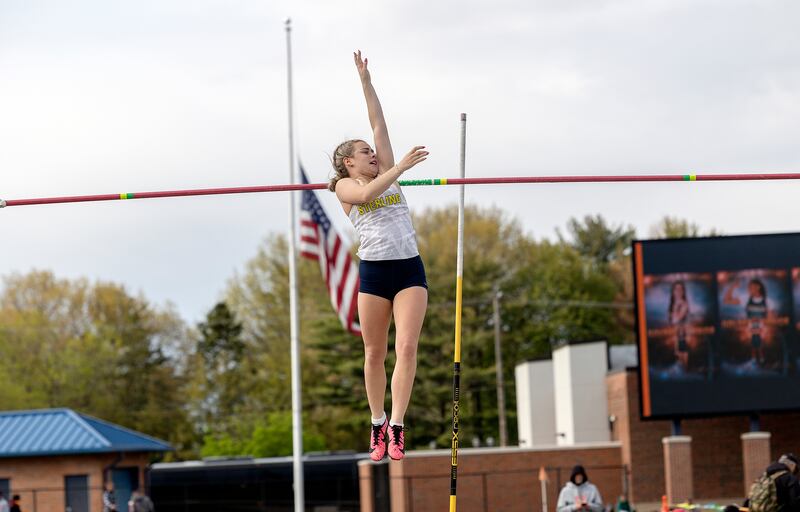 Sterling’s Finley Ryan competes in the pole vault Friday, May 2, 2025, at the Sterling Night Relays.