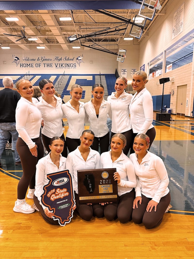 Joliet Catholic's competitive dance team captured the Geneva Sectional's Class 1A championship and advanced to the IHSA State Meet to be held this coming weekend in Bloomington. JCA took the Class 1A title scoring 88.23 points to edge runner-up and fellow state qualifier Montini. Morris also advanced out of the sectional. The Joliet Catholic team, coached by Ava Tomich and assistants Carsyn Whisenant and Abi Voss, includes (not as pictured): Addysen Kirby, Ella Fredrickson, Calleigh Kubinski, Olivia Ciemny, Evelyn Borgra, Anya Hrechko, Haley Grant, Rylie Kassel, Avery Quinn and Isabella Wieher.