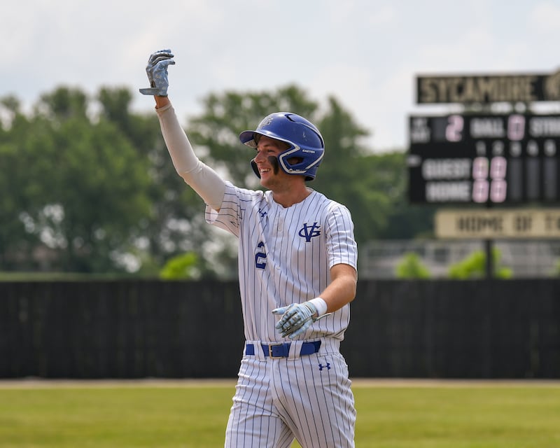 Geneva's Joshua Frieders (2) celebrates his base hit during the Class 3A Sycamore Sectional finals game on Saturday June 6, 2026, while taking on Rockford Boylan Catholic held at Sycamore Community Park in Sycamore.
