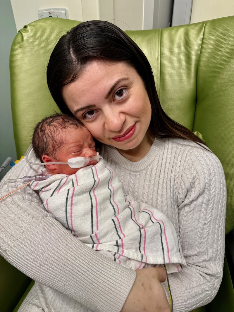 Mom Lisbeth L. of Joliet is pictured with her new baby boy, Aaron, who was the first baby born at Silver Cross Hospital on Jan. 1, 2026.