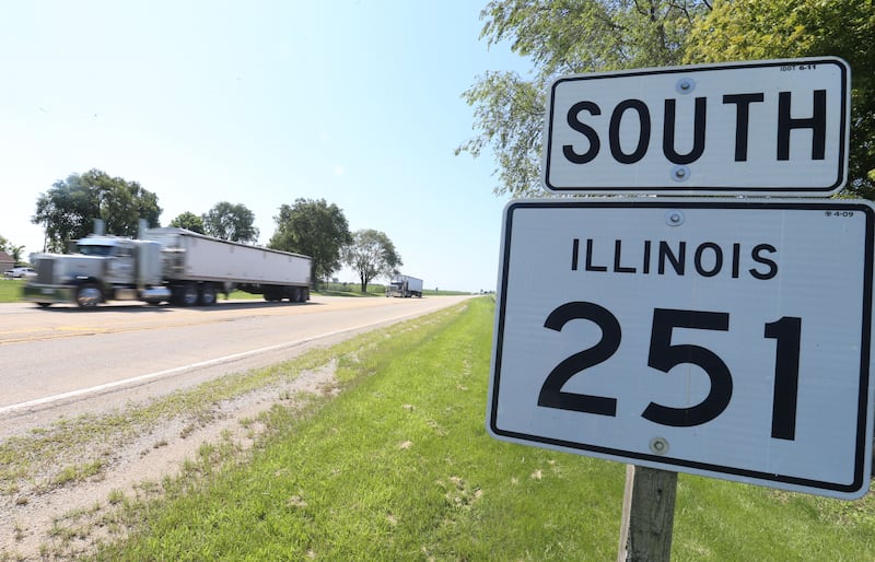 A semi truck passes through the intersection of Illinois Route 51 and Illinois Route 251 on Wednesday, July 17, 2024 near Mendota. An eighth mile stretch of Illinois 251 has had an uptick of crashes and fatalities lately from just south of North 36th Road to just south of 45th road.