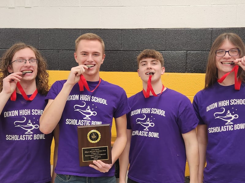 Dixon High School scholastic bowl team members Nathan Stauter (left), Jayden Toms (left middle), Owen Winters (right middle), and Ronin Quick (right) celebrate after winning 2nd place at the Masonic Tournament regional in February 2025. Stauter and Quick were selected for the Illinois High School Association All-Sectional team.